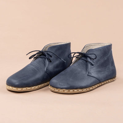 Women's Blue Leather Barefoot Boots with Laces