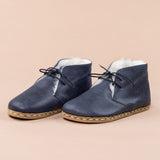 Women's Blue Leather Barefoot Oxford Boots with Fur