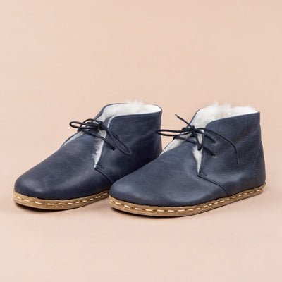 Women's Blue Leather Barefoot Oxford Boots with Fur