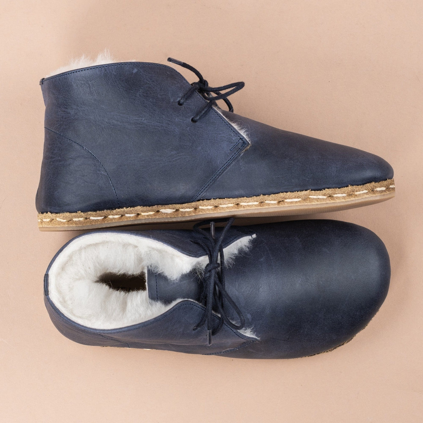 Blaue Barefoot-Oxford-Stiefel für Damen mit Fell