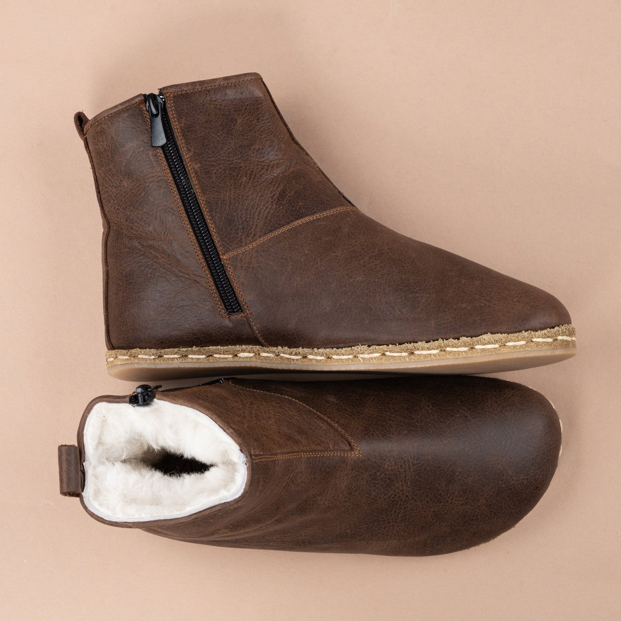 Men's Leather Coffee Barefoot Boots with Fur