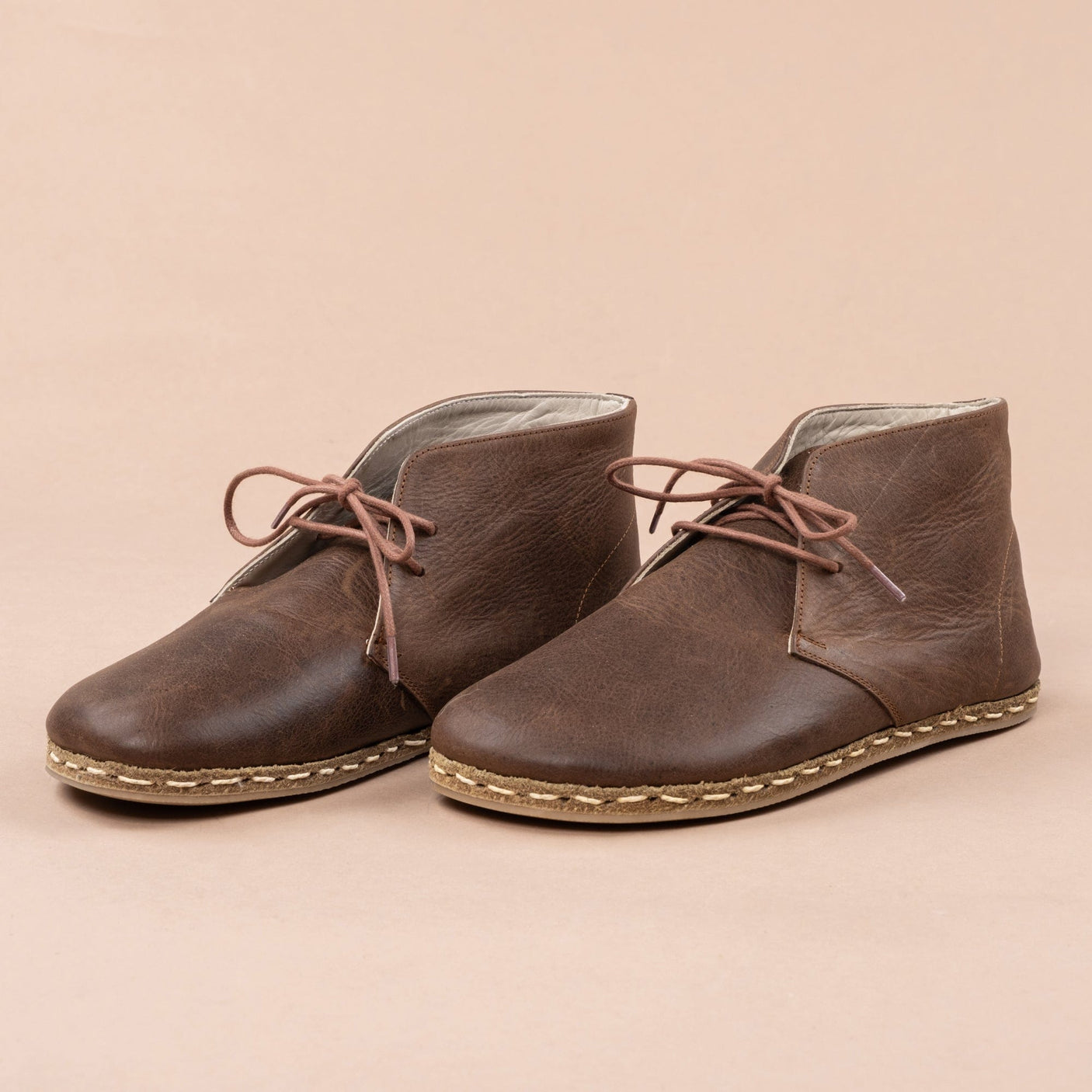 Women's Coffee Leather Barefoot Boots with Laces