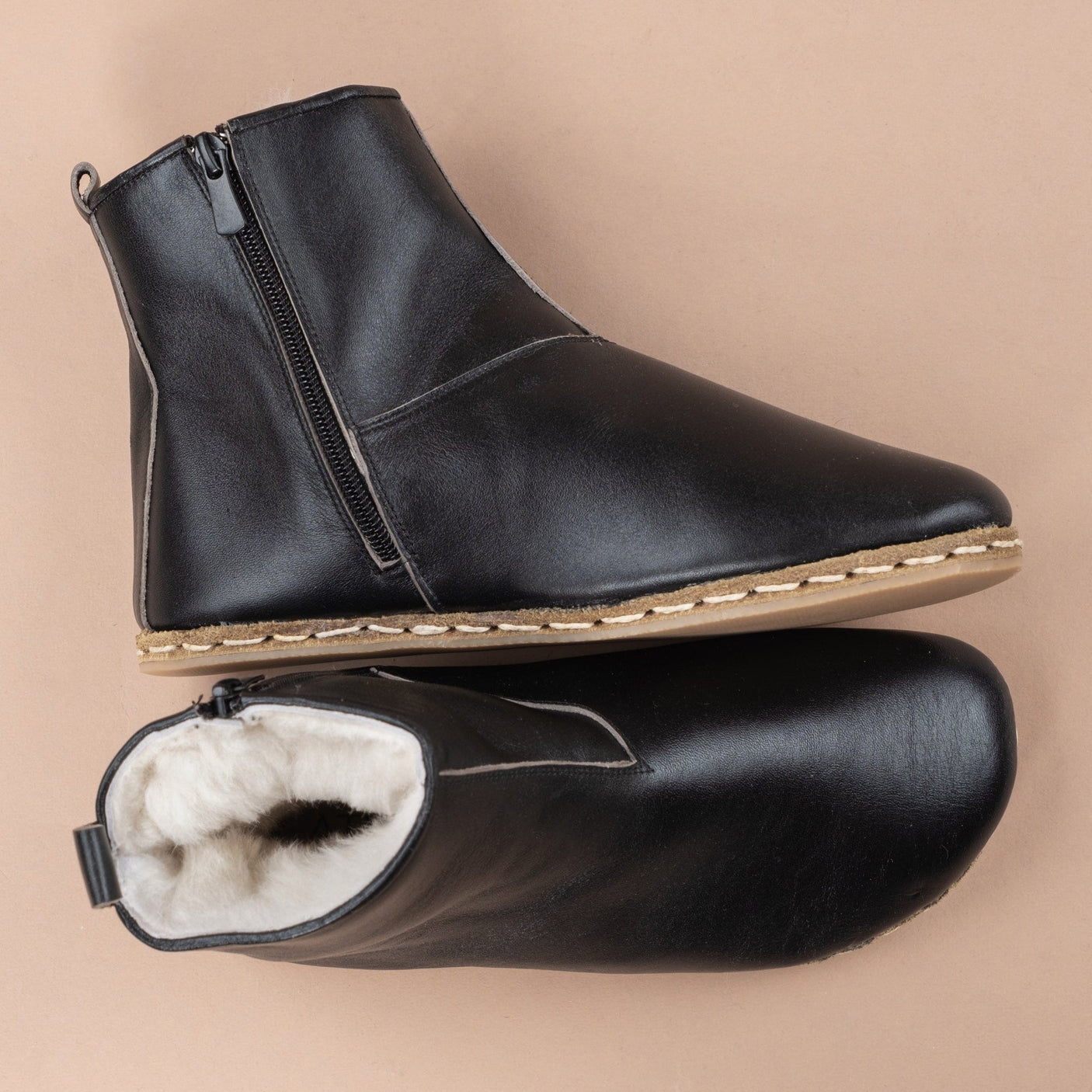 Women's Black Leather Barefoot Boots with Fur