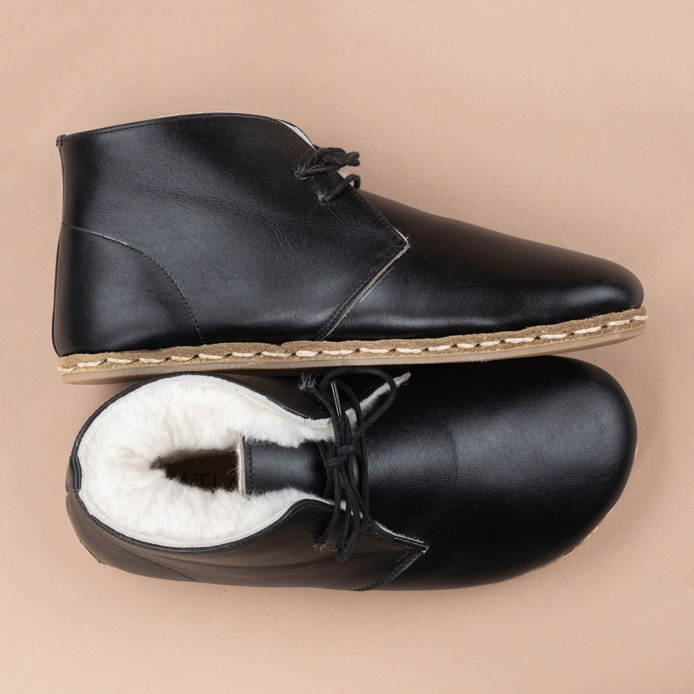 Schwarze Barfuß-Oxford-Stiefel für Damen mit Fell