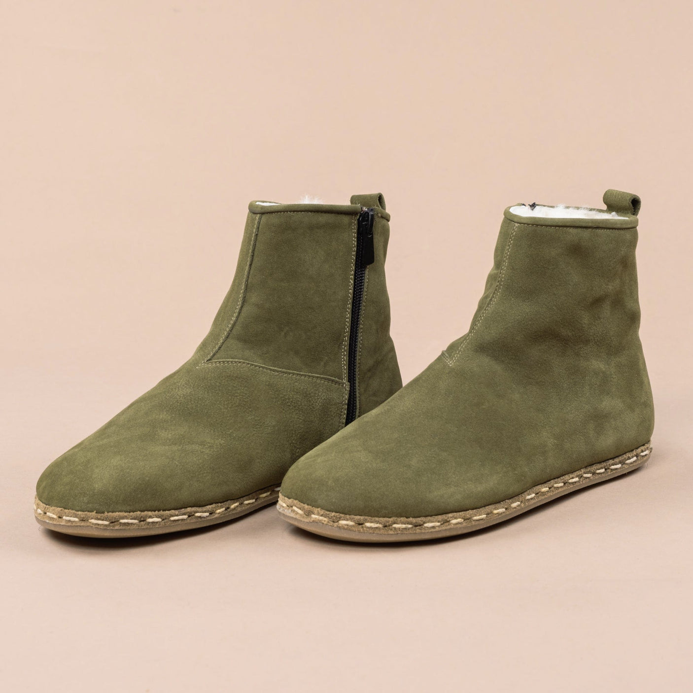 Women's Olive Barefoot Boots with Fur