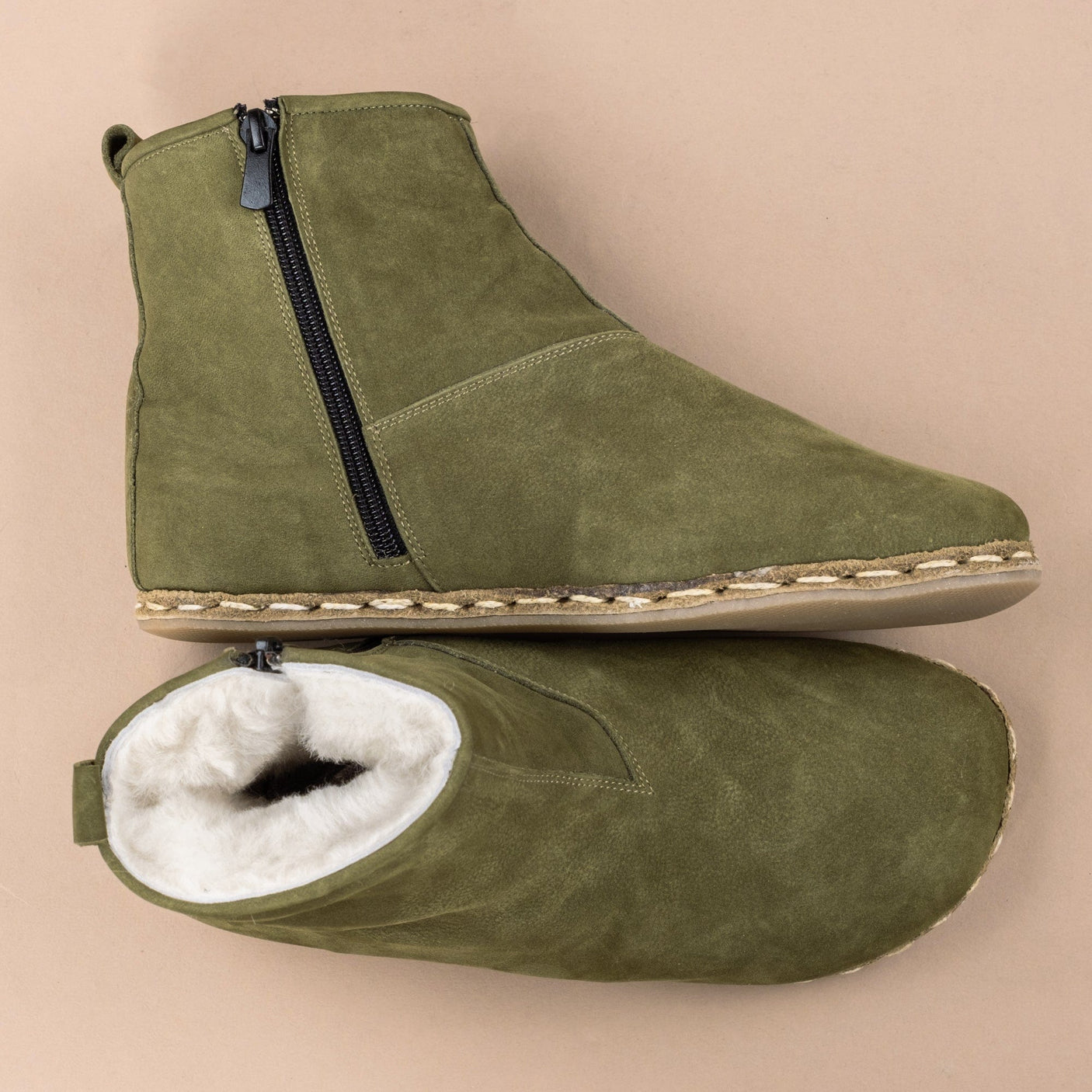 Women's Olive Leather Barefoot Boots with Fur