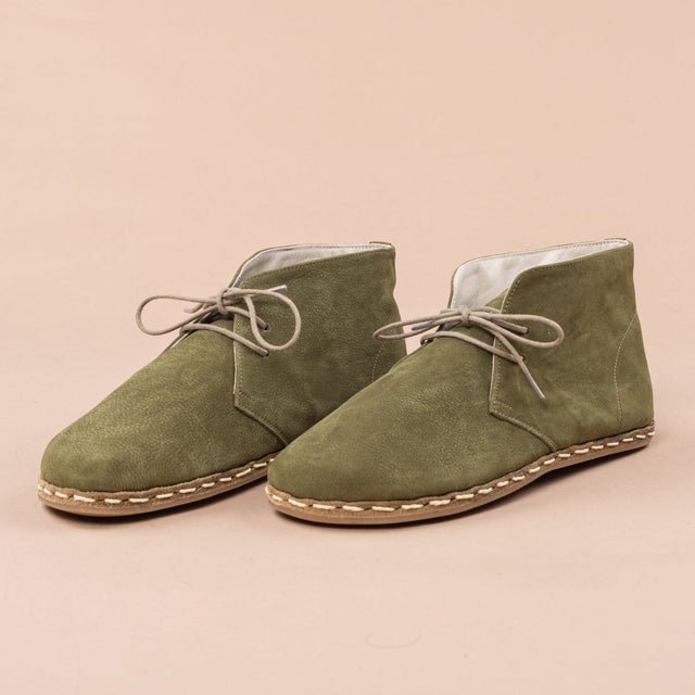Women's Olive Leather Barefoot Boots with Laces