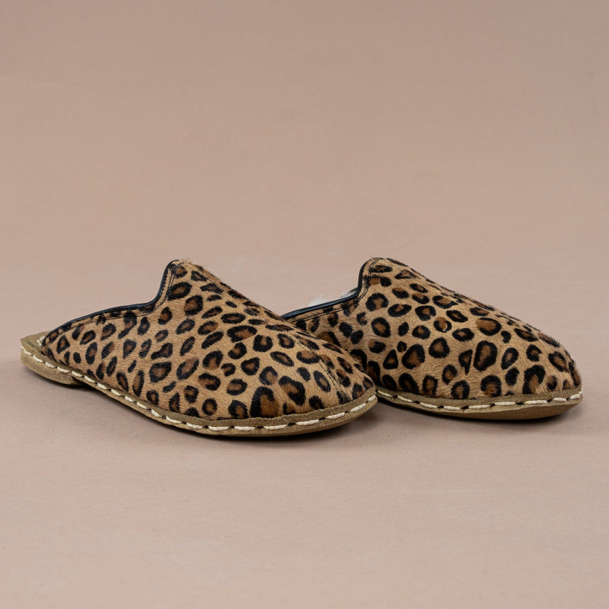 Erkek Leopard Desenli Barefoot Kürklü Terlik