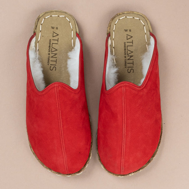 Women's Red Leather Barefoot Shearling Slippers