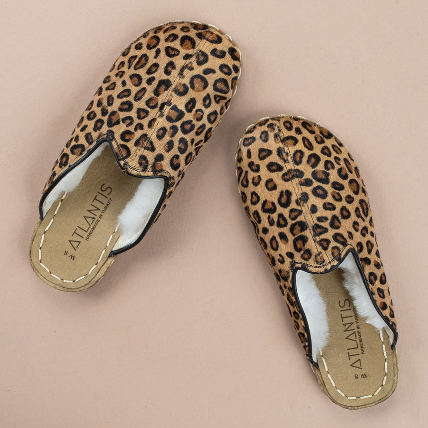 Erkek Leopard Desenli Barefoot Kürklü Terlik