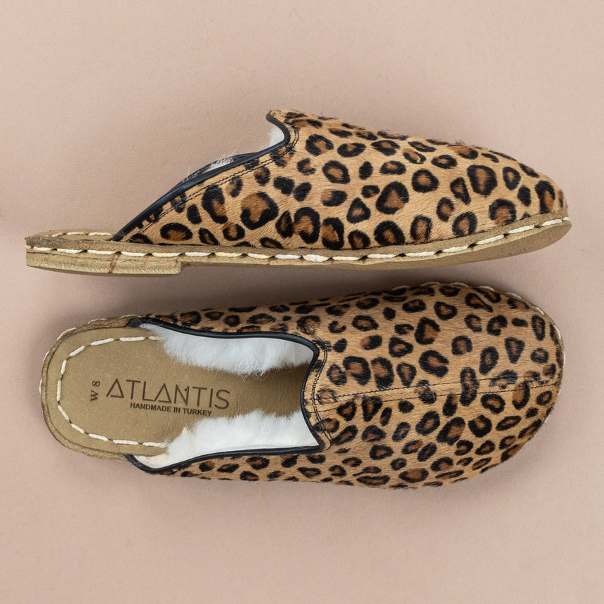 Erkek Leopard Desenli Barefoot Kürklü Terlik