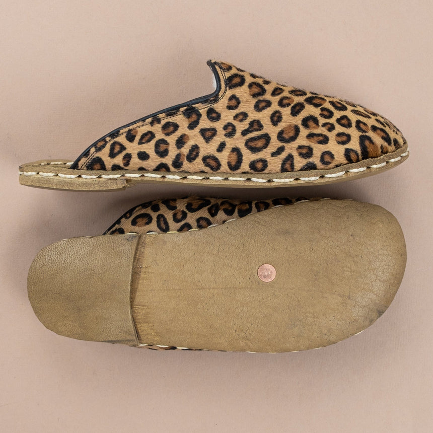 Erkek Leopard Desenli Barefoot Kürklü Terlik