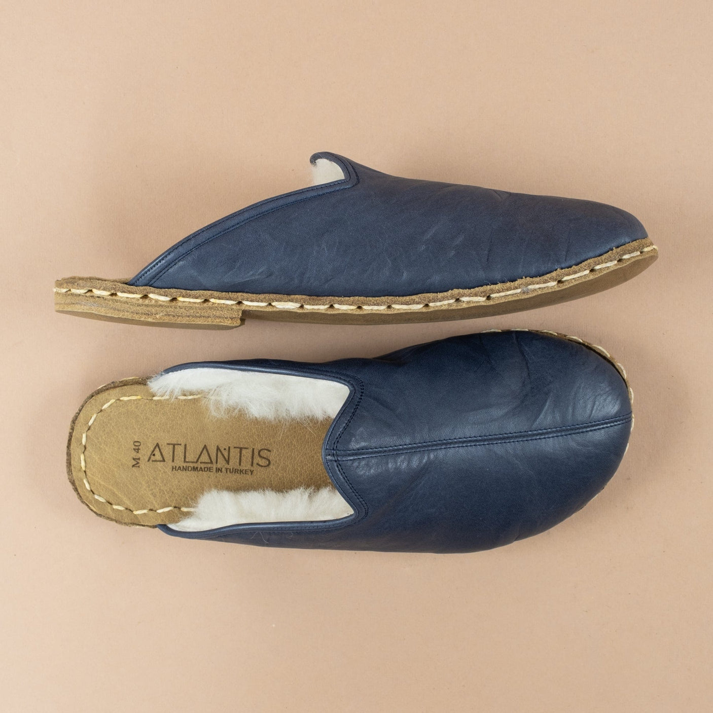 Women's Navy Leather Barefoot Shearling Slippers
