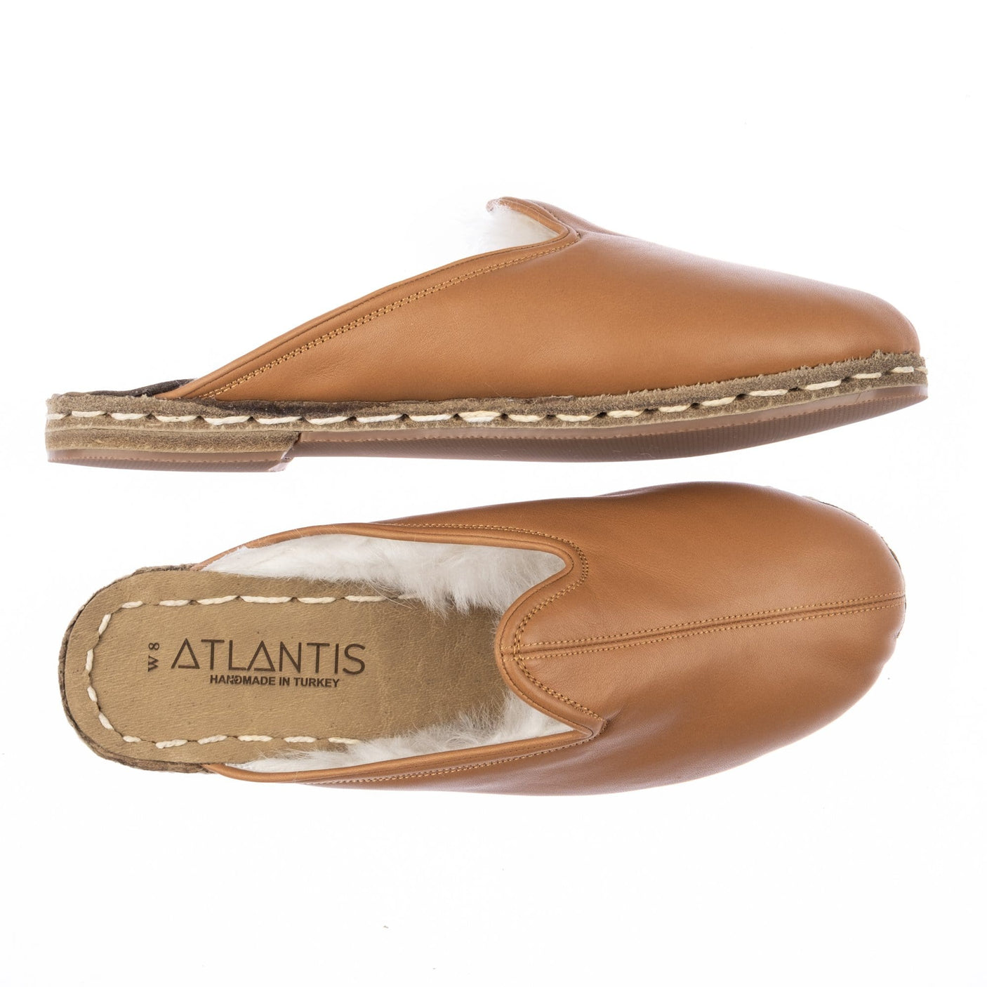 Women's Coconut Brown Leather Shearlings Slippers