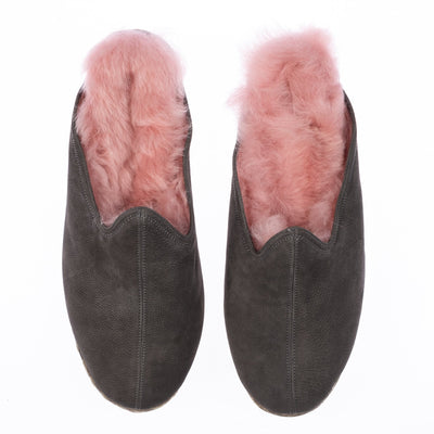 Women's Gray Pink Leather Shearling Slippers