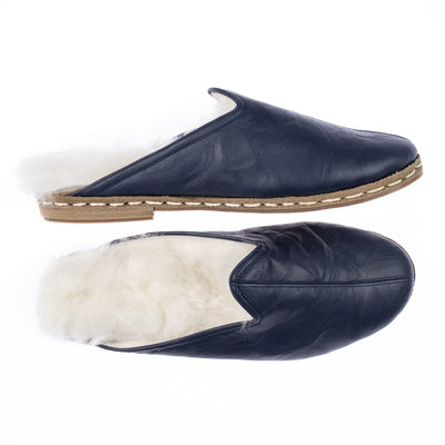 Women's Navy Furs Leather Shearling Slippers