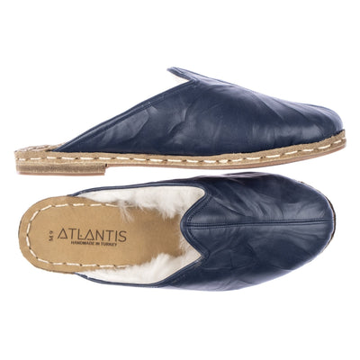 Women's Navy Leather Shearling Slippers