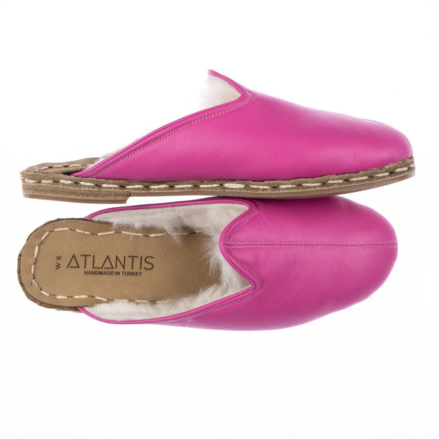 Women's Fuchsia Leather Shearlings Slippers