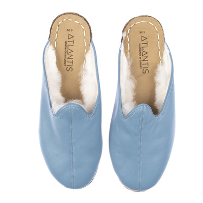 Men's Leather Ice Blue Shearling Slippers