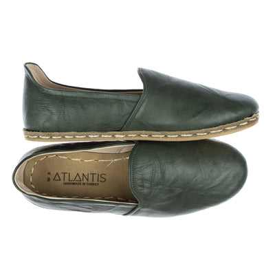 Women's Wrinkled Green Leather Slip On Shoes